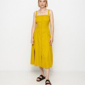 RVCA Jethro Midi Dress, Chartreuse, Button Front, Smocked Back, Side Slits